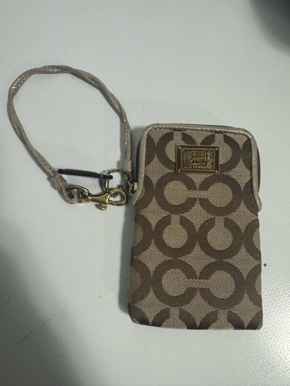 Coach Brown & Beige Signature Wristlet Phone Pouch